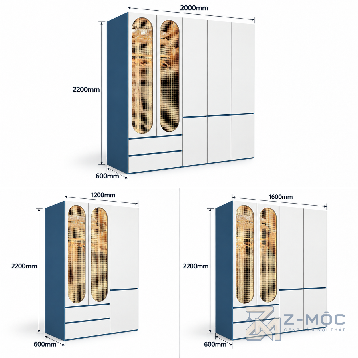 Kích thước chi tiết Tủ Quần Áo Cánh Mây Đan Phối Xanh ZM-10054