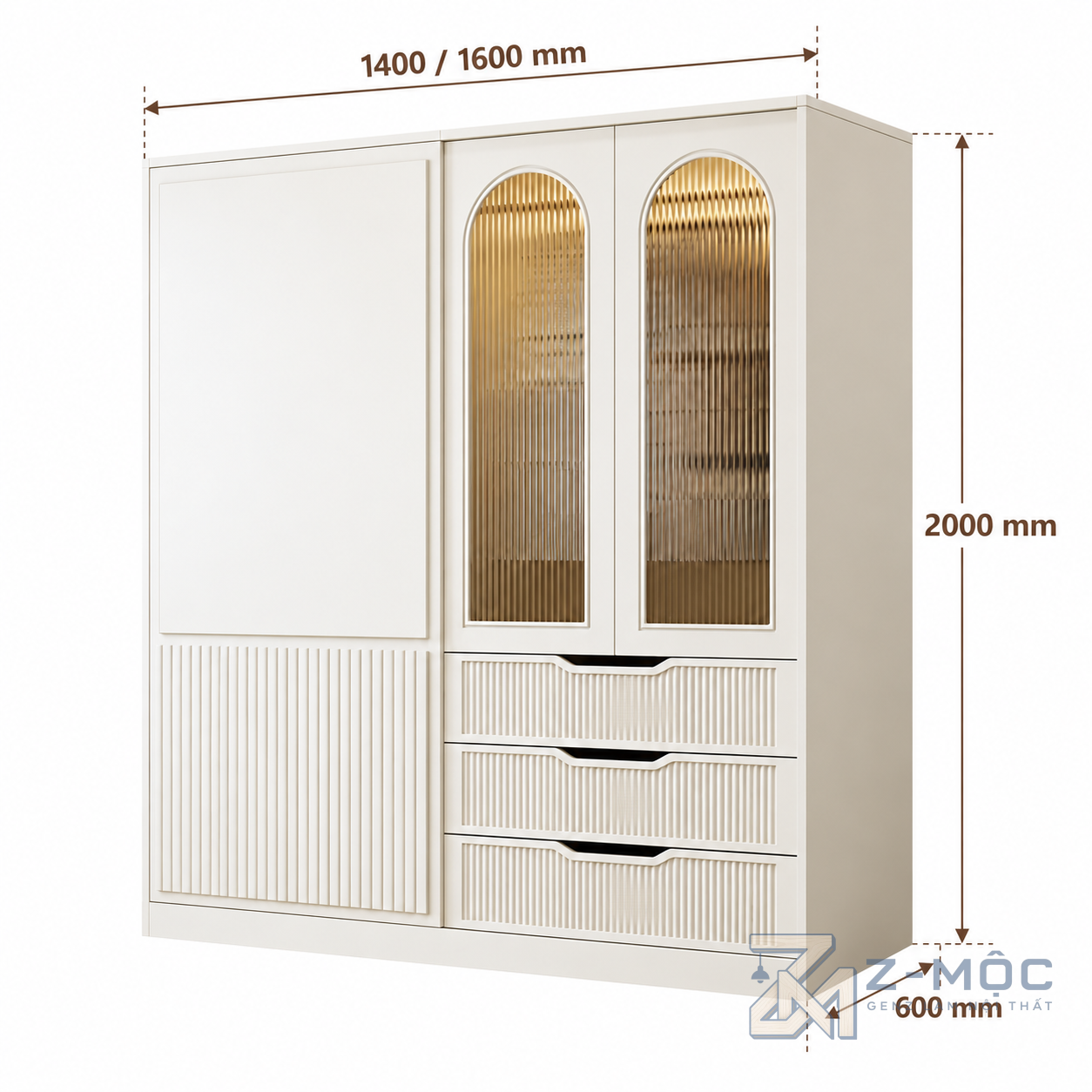 Kích thước chi tiết Tủ Quần Áo Cánh Mở Kết Hợp Cánh Lùa Hiện Đại ZM-10052