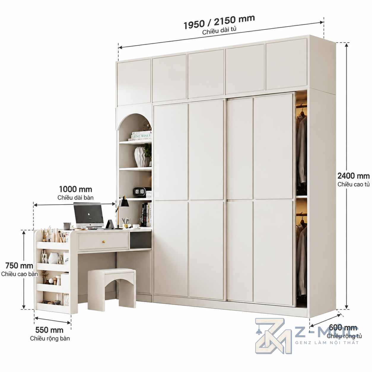 Kích thước chi tiết Tủ Quần Áo Cửa Lùa Kịch Trần Liền Bàn Làm Việc ZM-10053