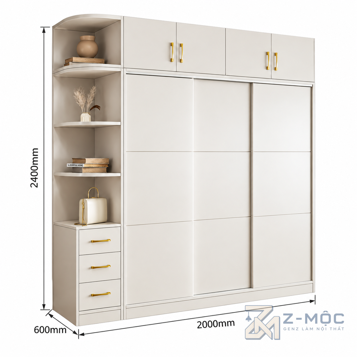 Kích thước chi tiết Tủ Quần Áo Cửa Lùa Màu Trắng Có Kệ Mở ZM-10049 2
