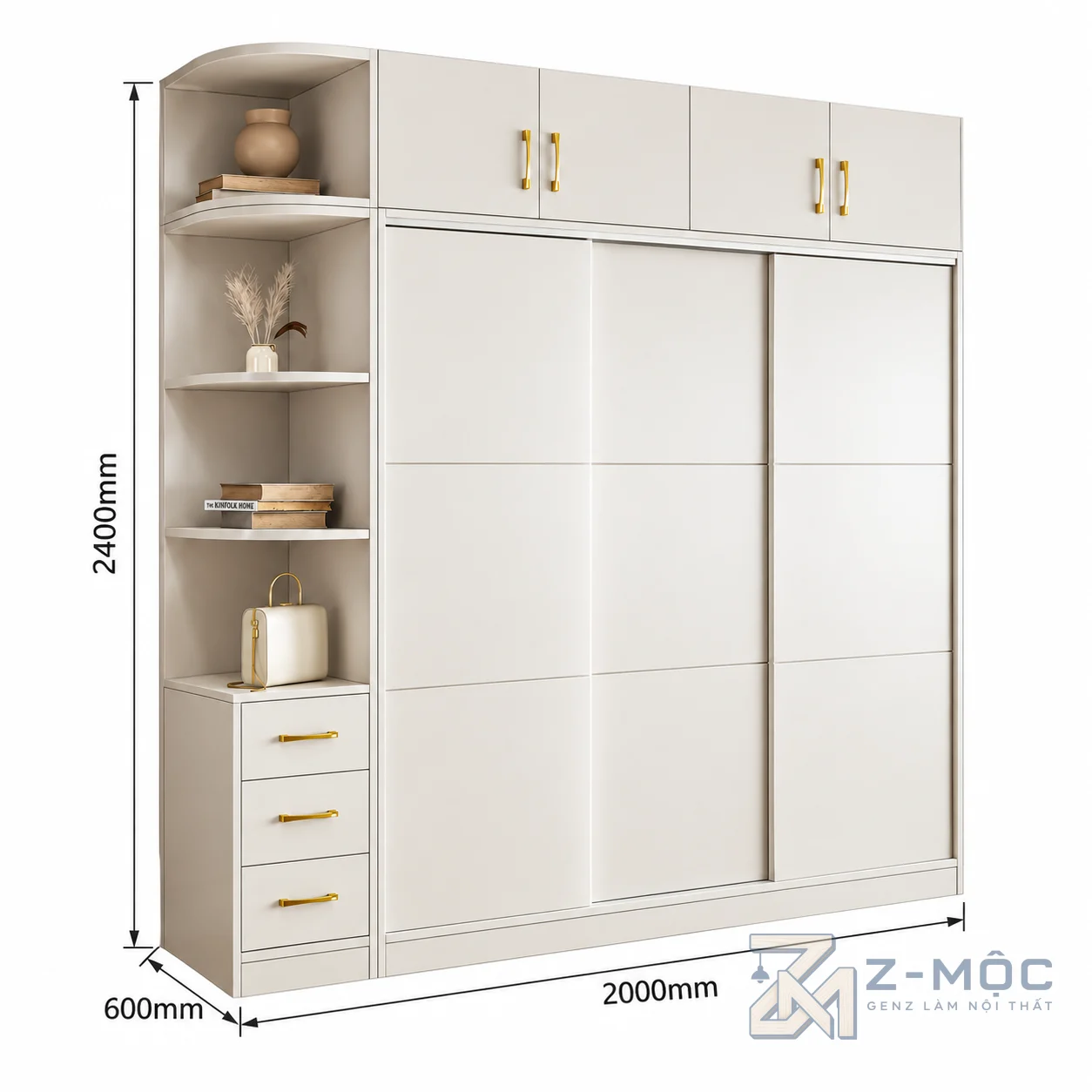 Kích thước chi tiết Tủ Quần Áo Cửa Lùa Màu Trắng Có Kệ Mở ZM-10049 2