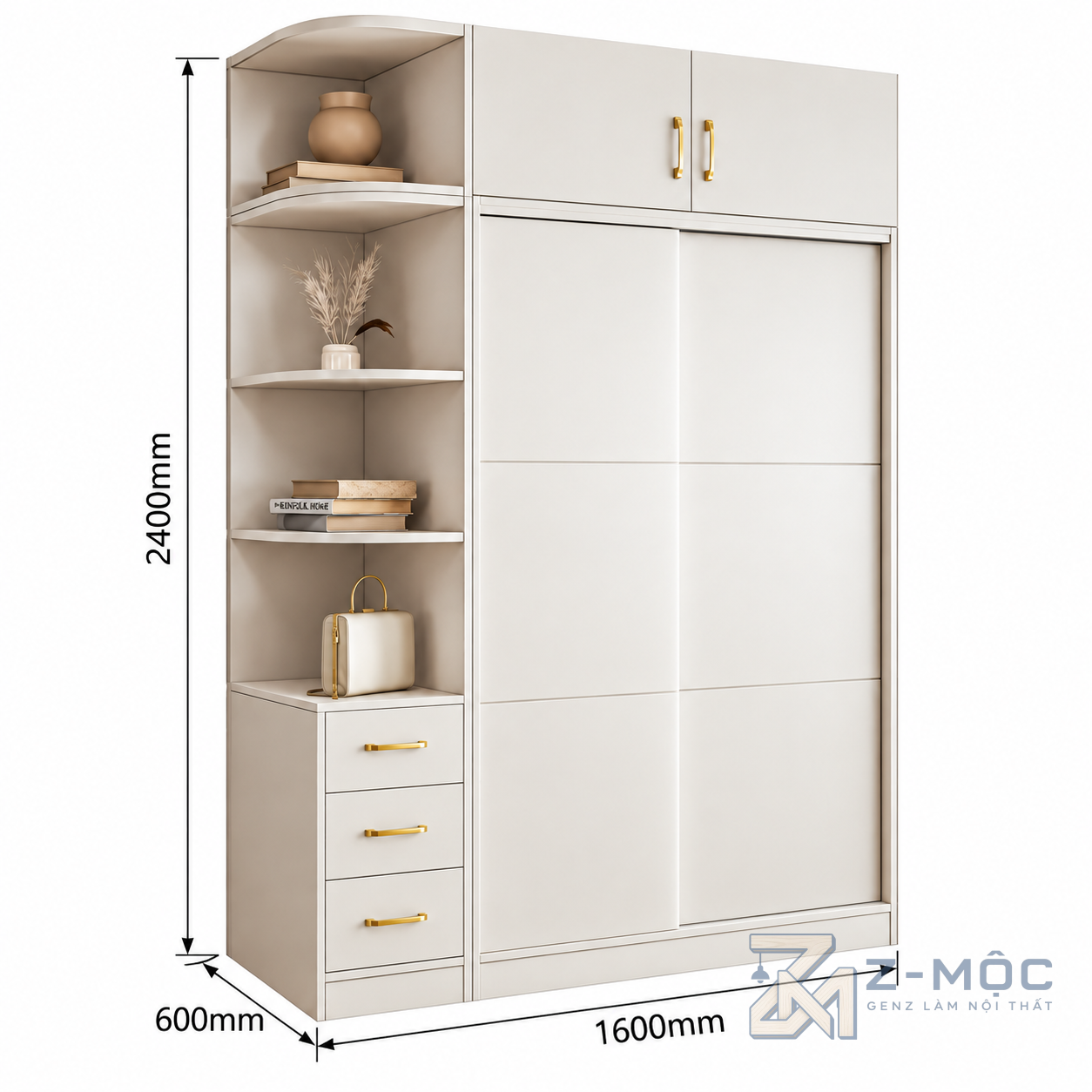 Kích thước chi tiết Tủ Quần Áo Cửa Lùa Màu Trắng Có Kệ Mở ZM-10049