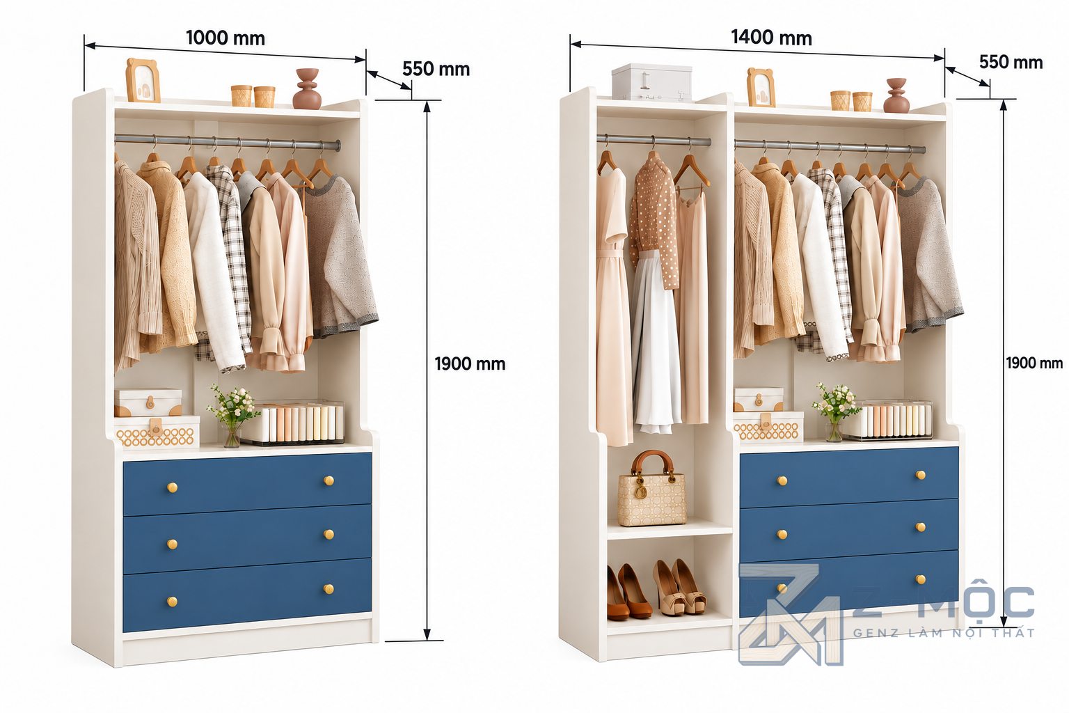 Kích thước chi tiết Tủ Quần Áo Mở Có Ngăn Kéo Tiện Ích ZM-10057