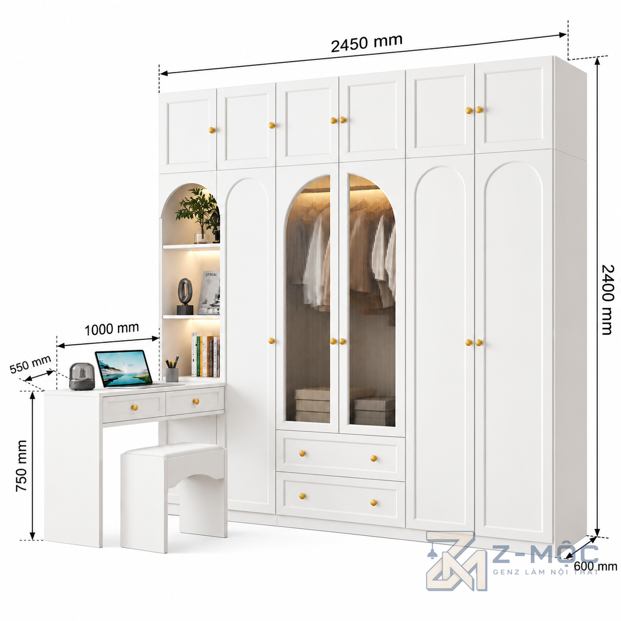 Kích thước chi tiết Tủ Quần Áo Trắng Cánh Kính Vòm Liền Bàn Làm Việc ZM-10056 2