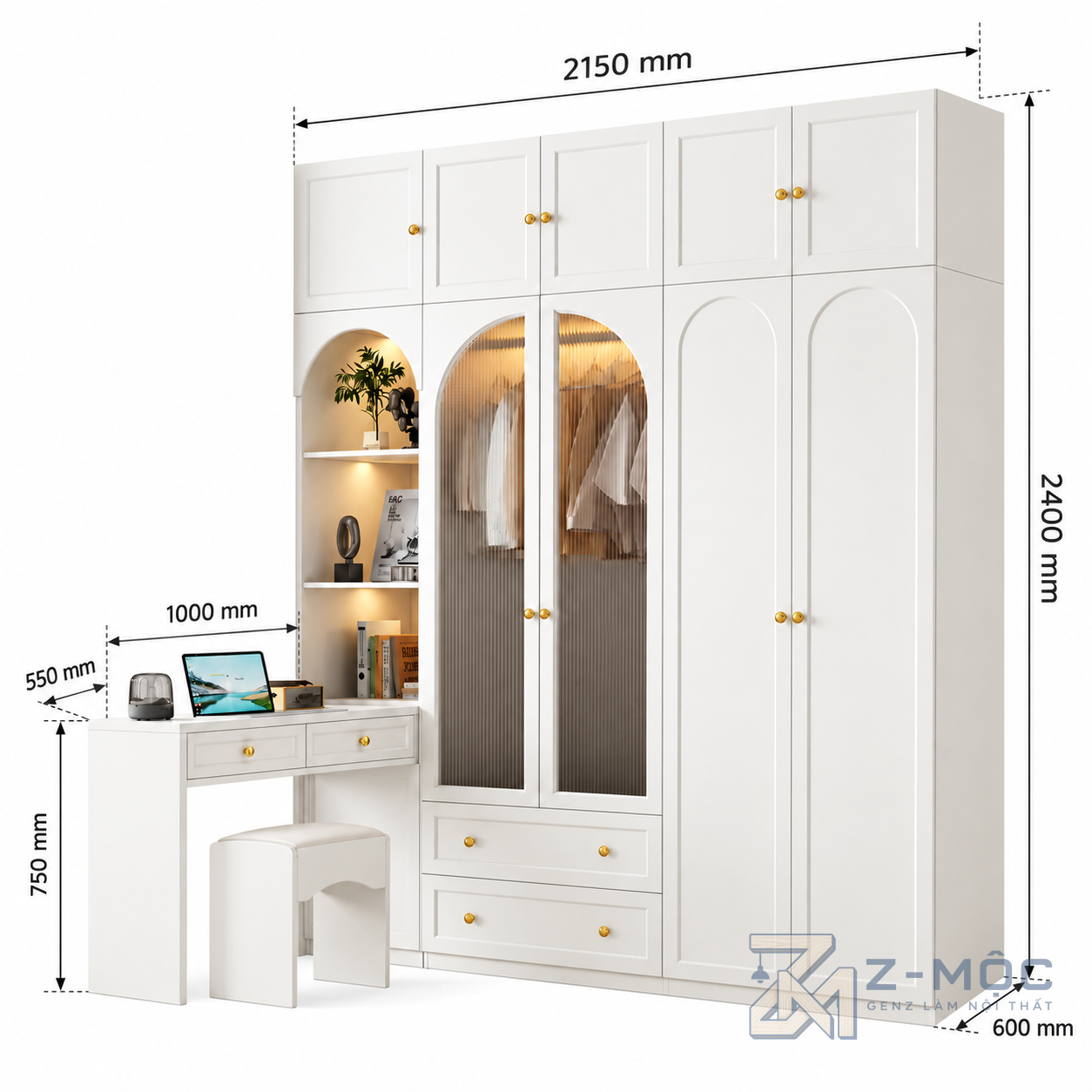 Kích thước chi tiết Tủ Quần Áo Trắng Cánh Kính Vòm Liền Bàn Làm Việc ZM-10056