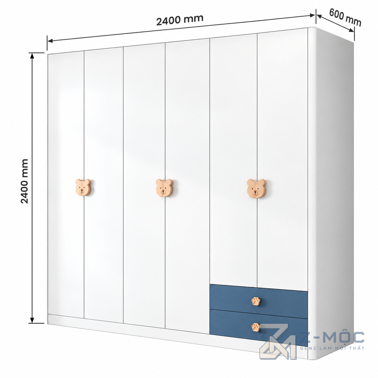 Kích thước chi tiết Tủ Quần Áo Trẻ Em 6 Cánh Có Ngăn Kéo ZM-10047 3