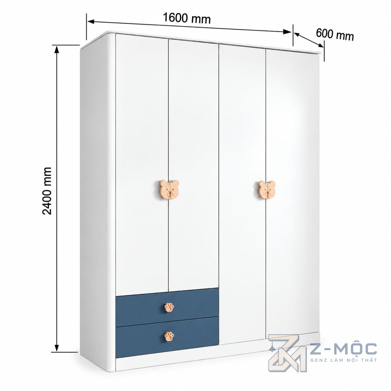 Kích thước chi tiết Tủ Quần Áo Trẻ Em 6 Cánh Có Ngăn Kéo ZM-10047