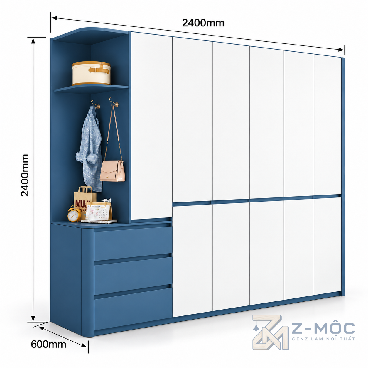 Kích thước chi tiết Tủ Quần Áo Xanh Trắng Kèm Kệ Treo Đồ Hiện Đại ZM-10048 2