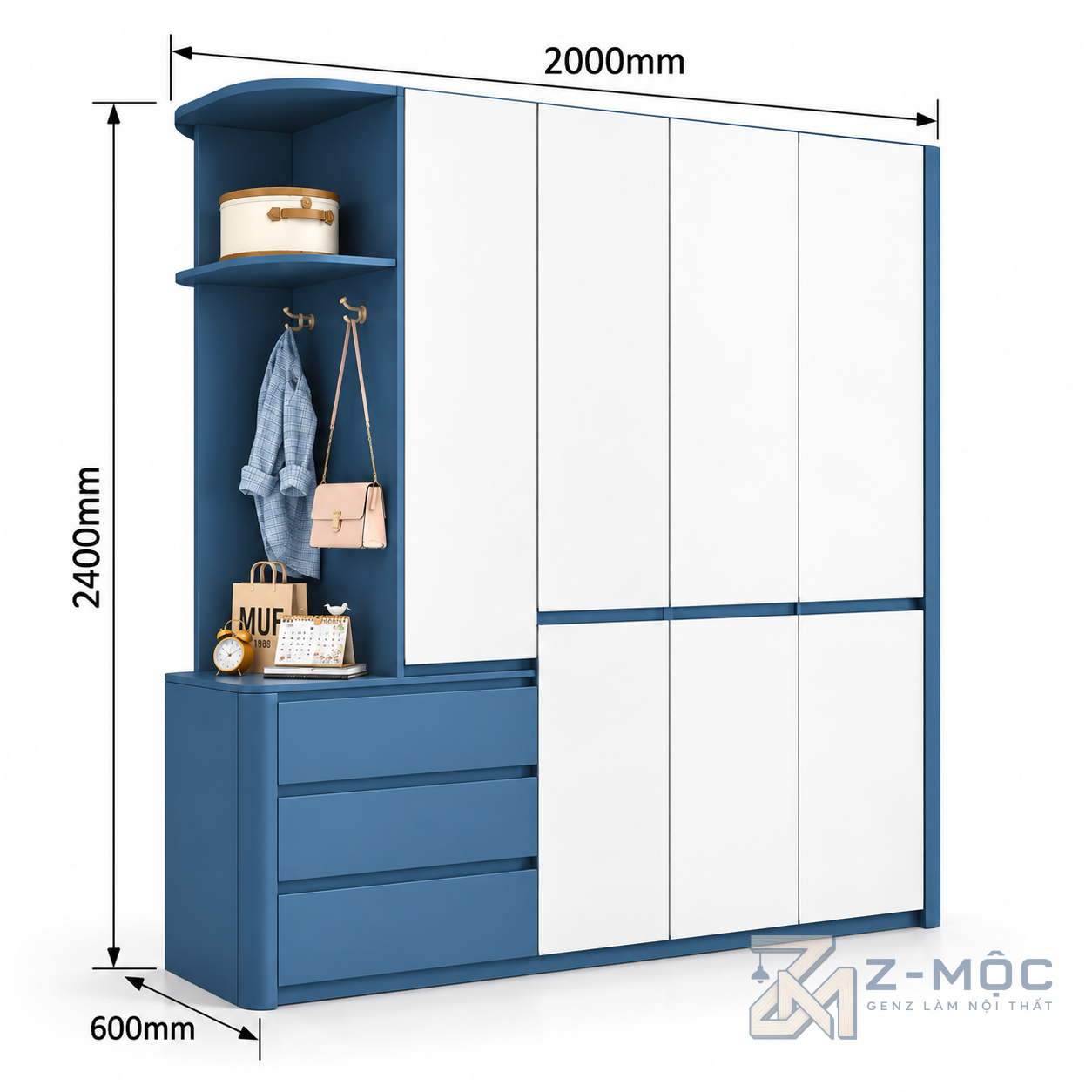 Kích thước chi tiết Tủ Quần Áo Xanh Trắng Kèm Kệ Treo Đồ Hiện Đại ZM-10048