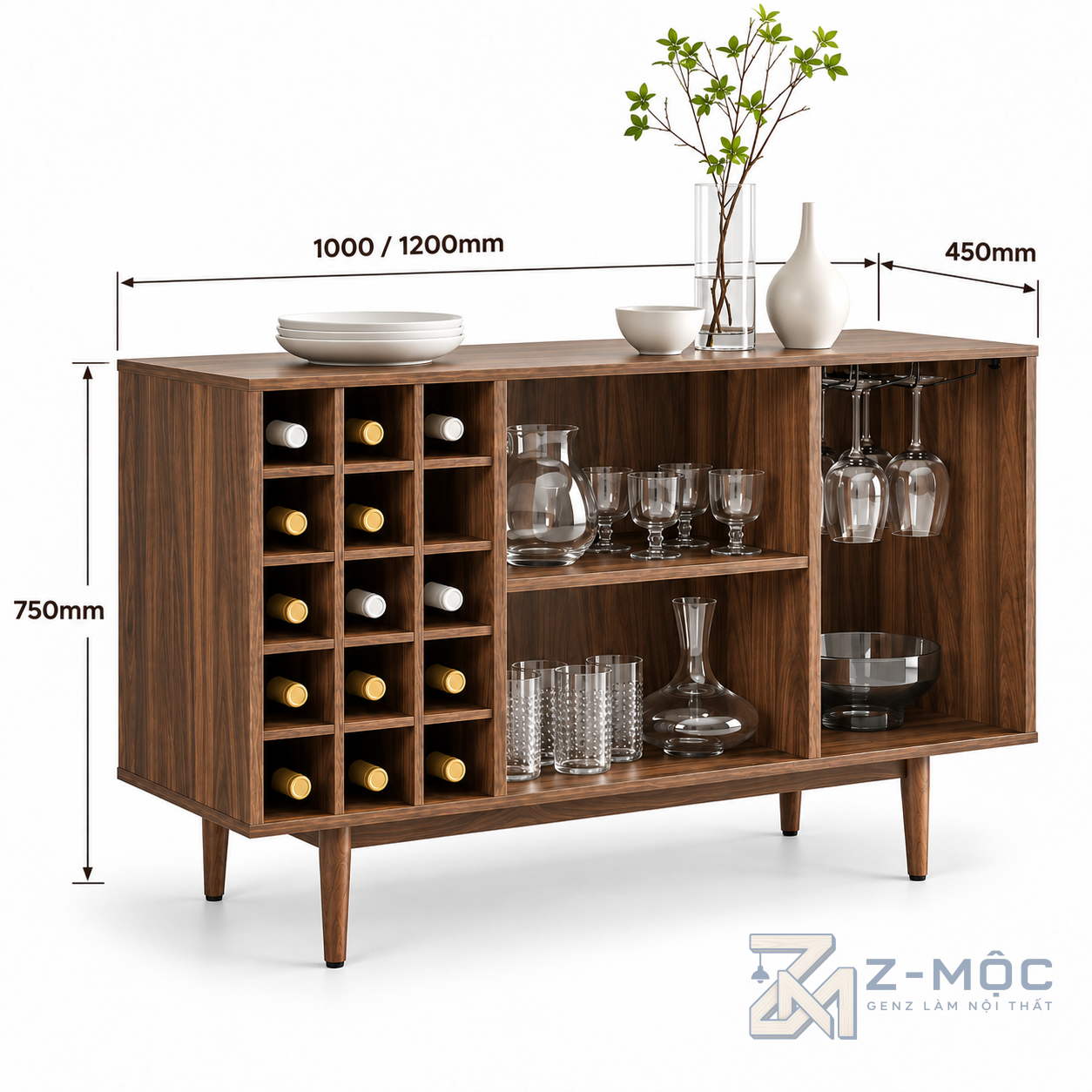 Kích thước chi tiết Tủ Rượu Gỗ Nhiều Ngăn Tiện Dụng Hiện Đại ZM-93008