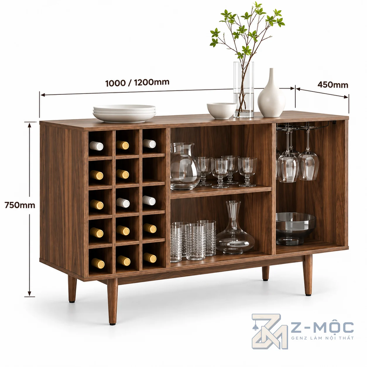 Kích thước chi tiết Tủ Rượu Gỗ Nhiều Ngăn Tiện Dụng Hiện Đại ZM-93008