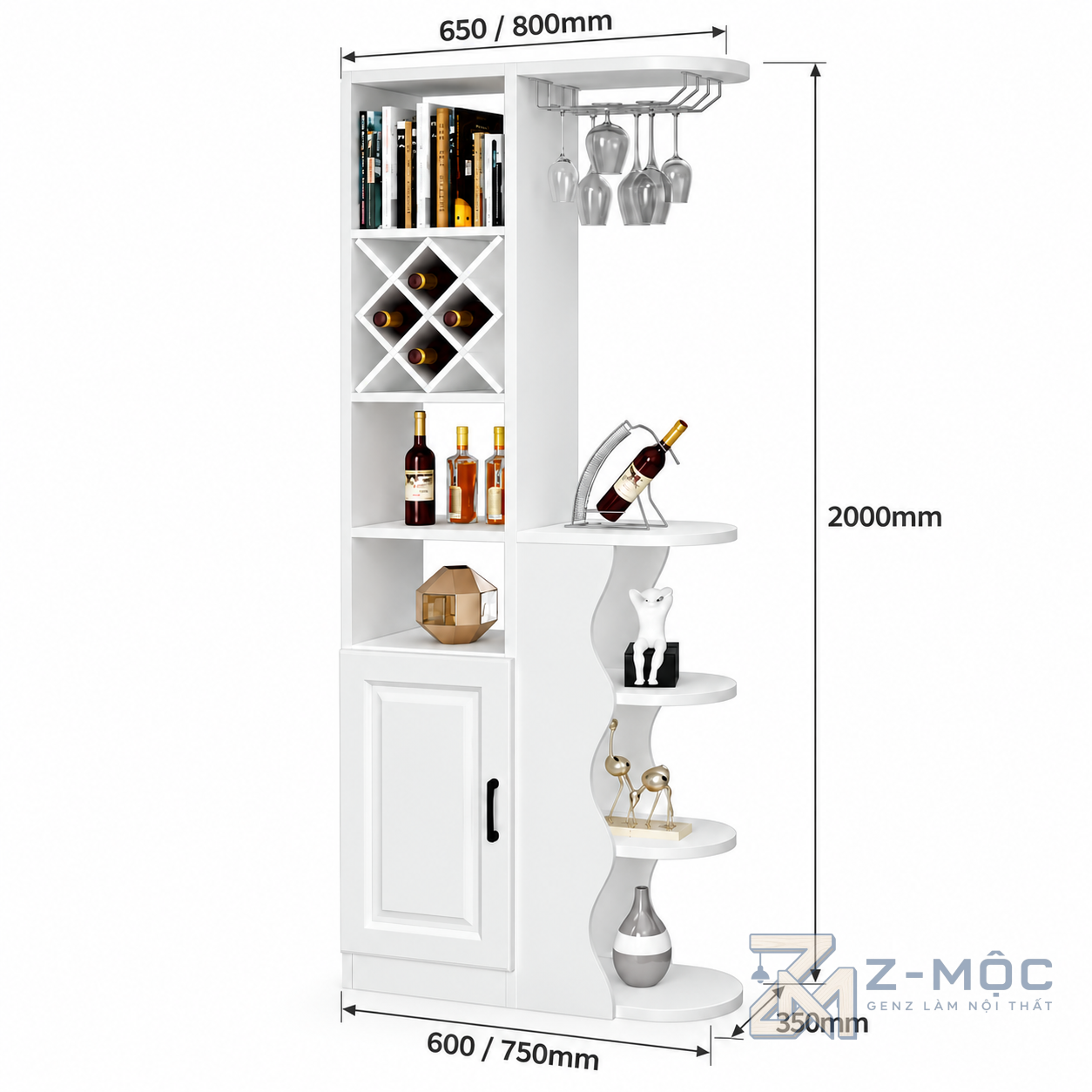 Kích thước chi tiết Tủ Rượu Phòng Khách Thiết Kế Nhỏ Gọn Độc Đáo ZM-93006