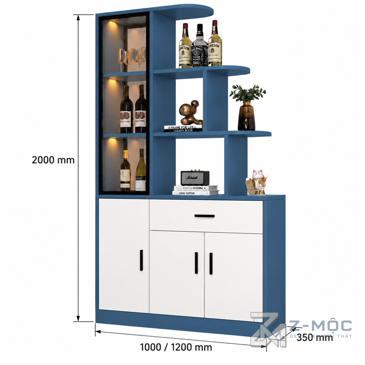 Kích thước chi tiết Tủ Rượu Trưng Bày Phòng Khách Màu Xanh Độc Đáo V ZM-93004