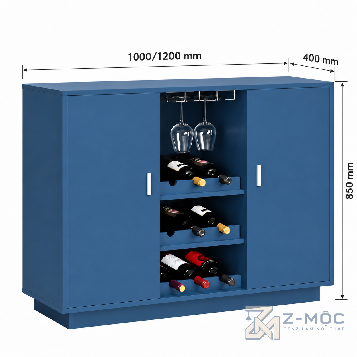 Kích thước chi tiết Tủ Rượu Xanh Kèm Giá Treo Ly Tiện Lợi ZM-93010