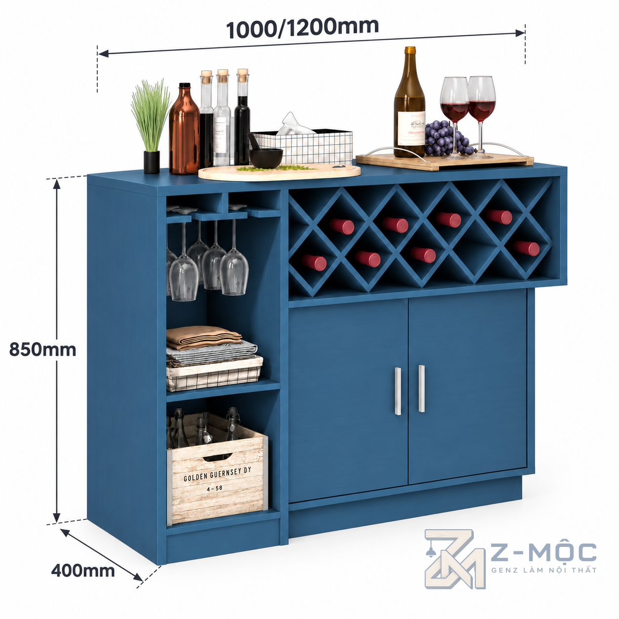 Kích thước chi tiết Tủ Rượu Xanh Kiểu Dáng Nhỏ Gọn Độc Đáo ZM-93009