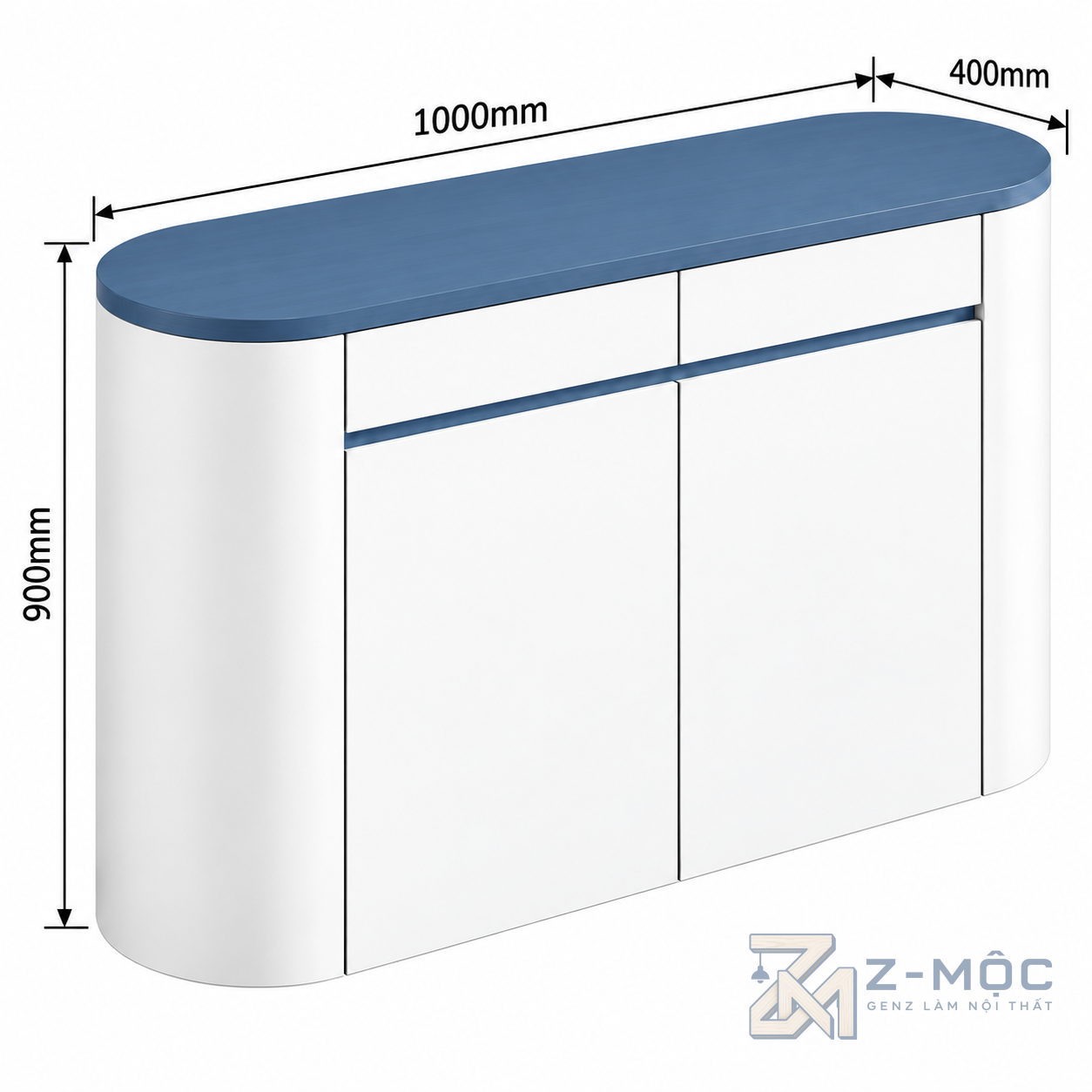 Kích thước chi tiết Tủ Trang Trí Thiết Kế Bo Tròn Hiện Đại Màu Trắng Xanh ZM-94028
