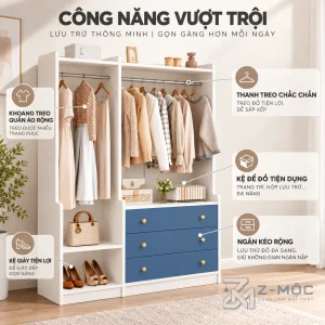 Nhiều khoang treo, kệ mở và ngăn kéo tiện ích