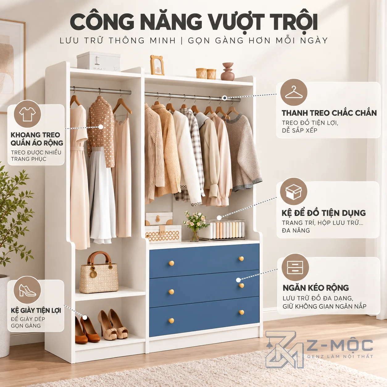 Nhiều khoang treo, kệ mở và ngăn kéo tiện ích
