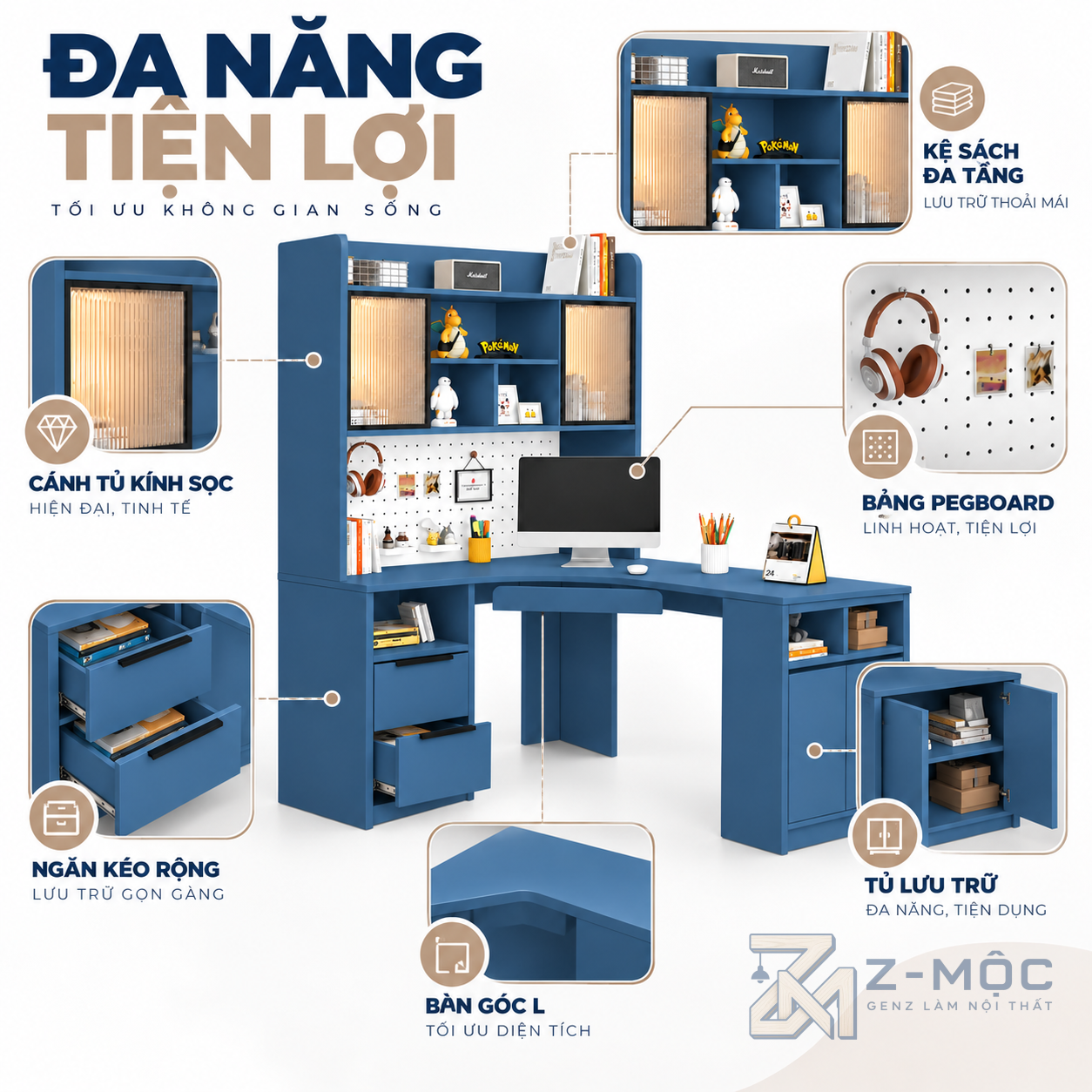 Nhiều không gian lưu trữ cho sách và đồ dùng