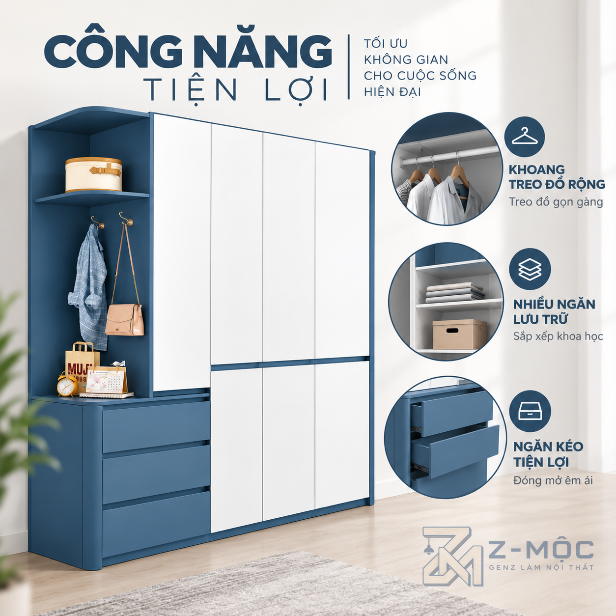Nhiều khu vực lưu trữ, dễ sắp xếp quần áo