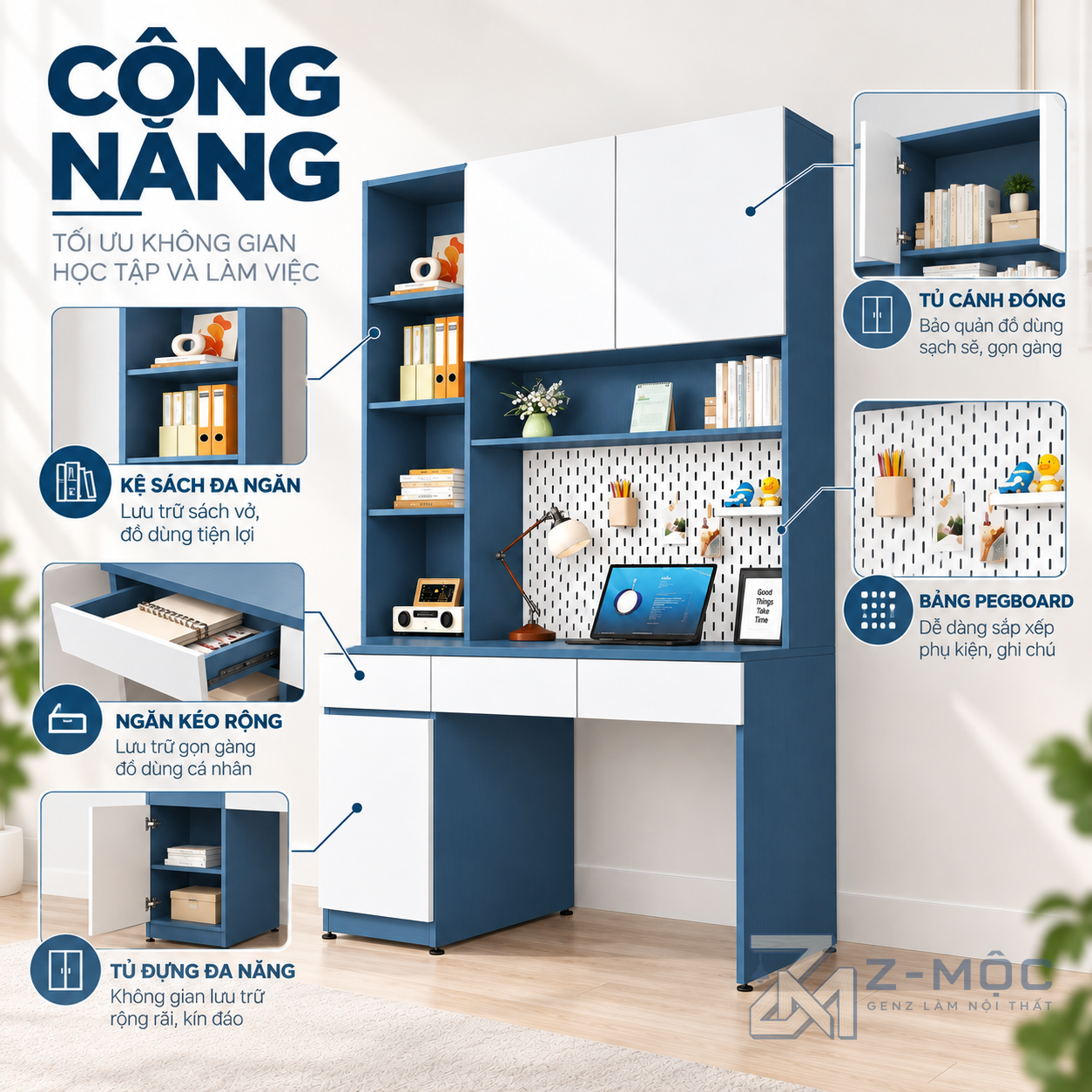 Nhiều ngăn chứa đồ dùng học tập