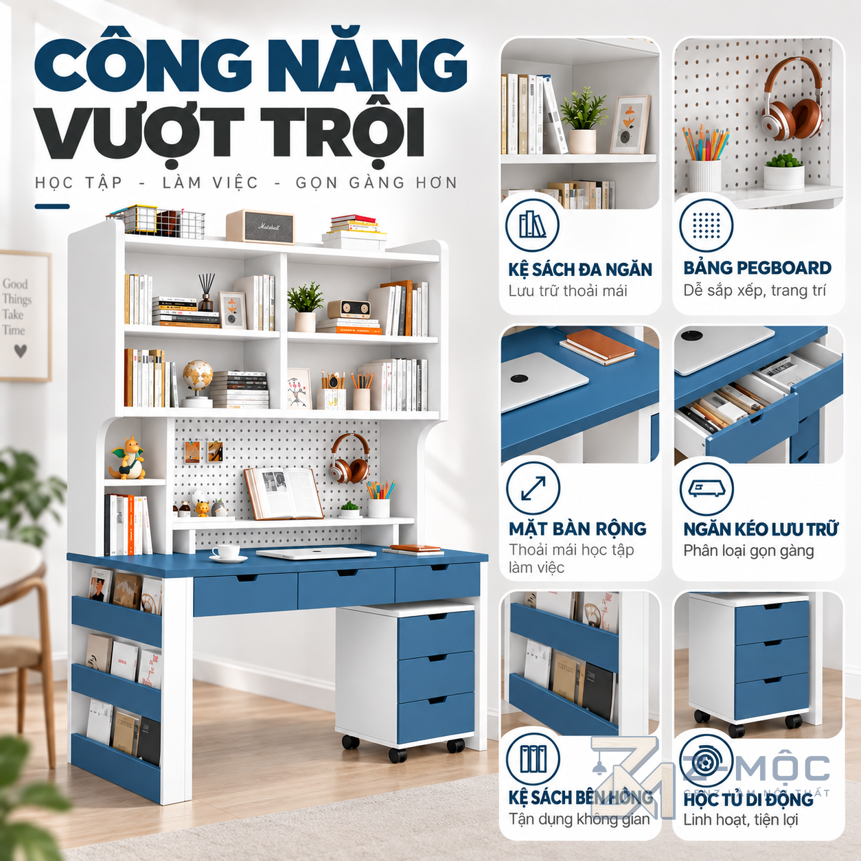 Nhiều ngăn chứa sách vở và đồ dùng