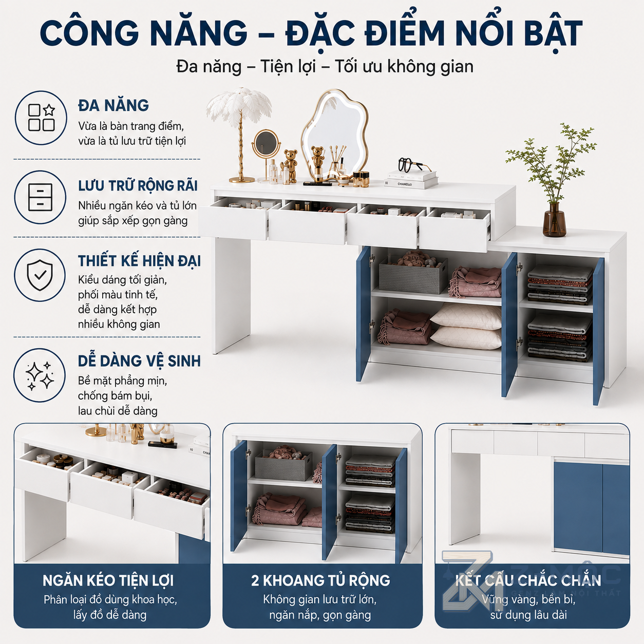 Nhiều ngăn lưu trữ mỹ phẩm và phụ kiện
