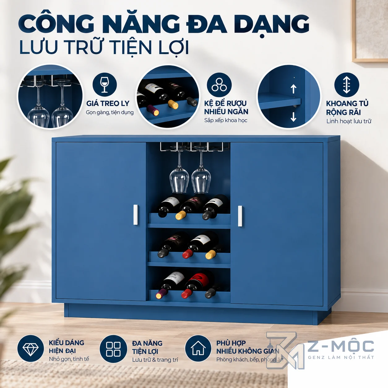 Nhiều tầng trưng bày rượu và giá treo ly