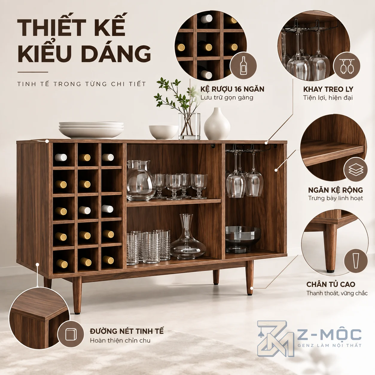 Thiết kế hiện đại, nhiều ngăn dễ sắp xếp