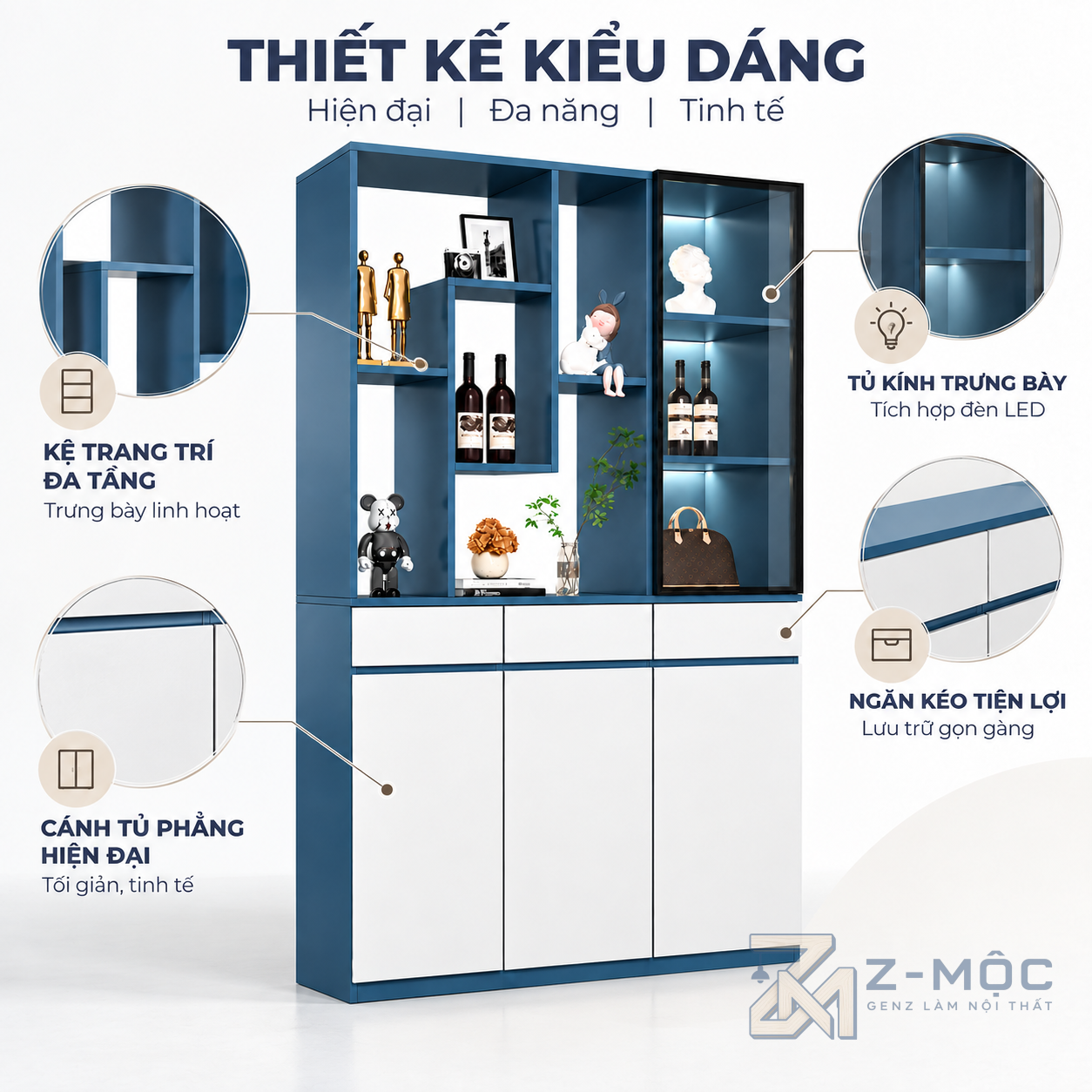 Kích thước chi tiết Tủ Rượu Màu Xanh Trắng Thiết Kế Hiện Đại ZM-93005