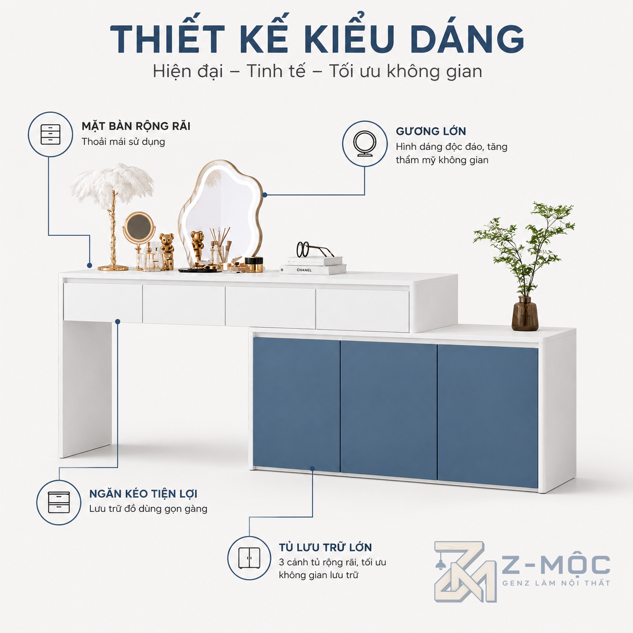Thiết kế hiện đại, phối xanh trắng nổi bật