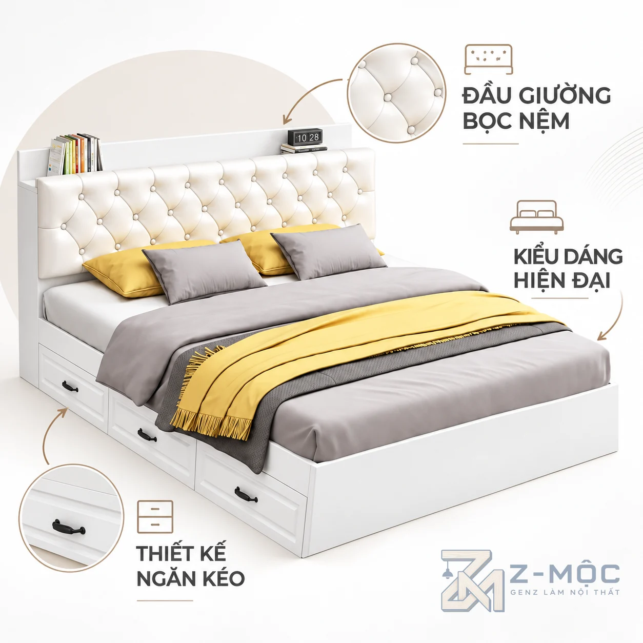 Thiết kế hiện đại với đầu giường bọc nệm