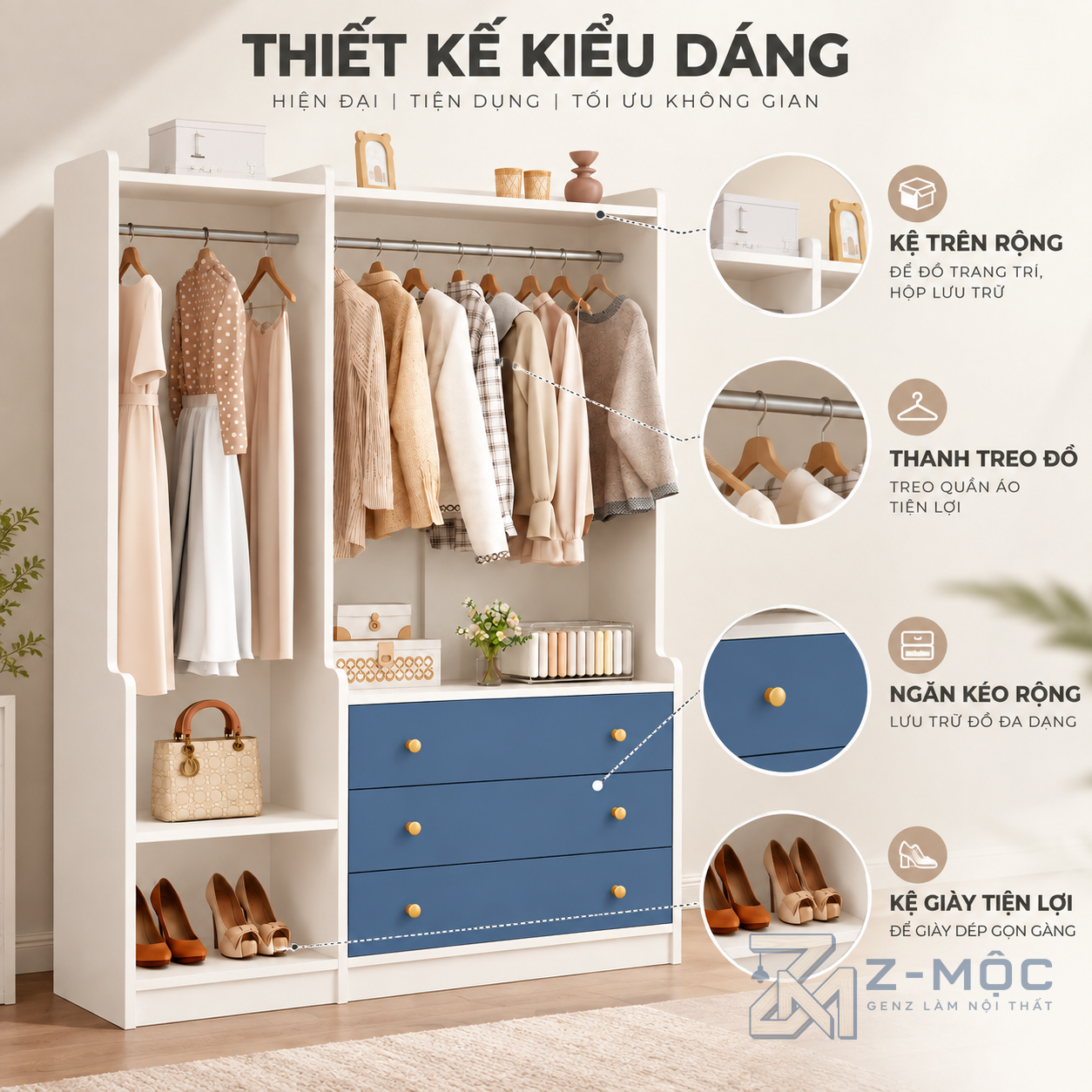 Thiết kế mở hiện đại, phối màu trắng xanh trẻ trung