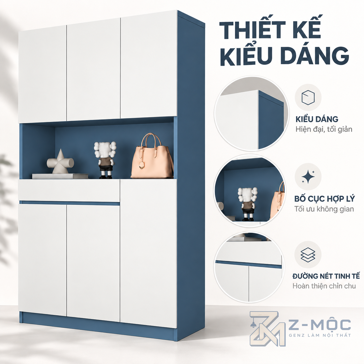 Thiết kế trắng xanh hiện đại, dáng cao gọn gàng