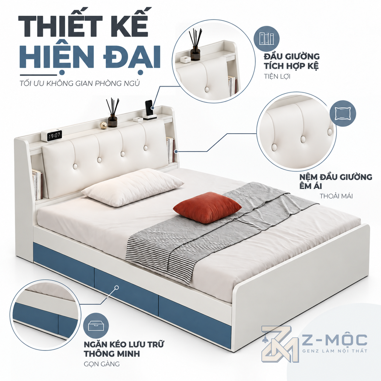 Thiết kế trắng xanh hiện đại, đầu giường bọc nệm mềm mại