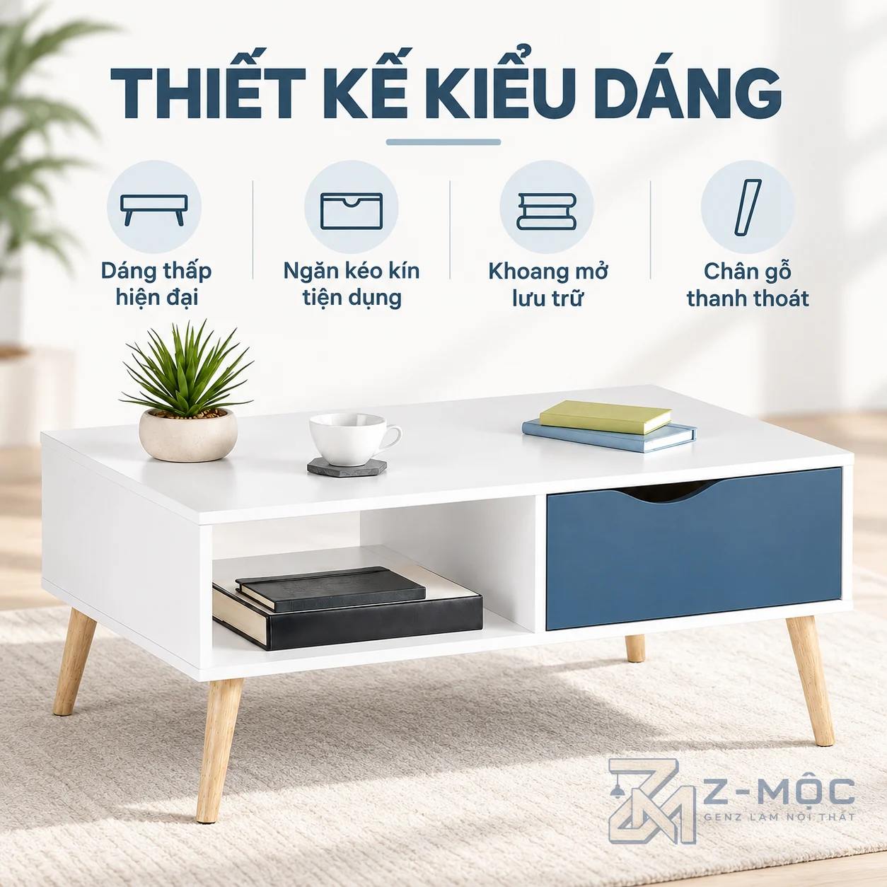Thiết kế trắng xanh hiện đại, dễ tạo điểm nhấn