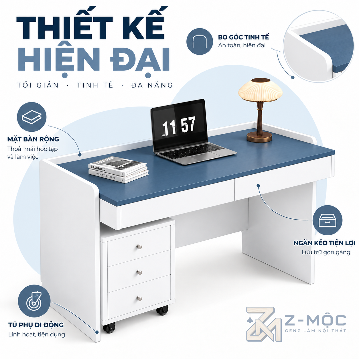 Thiết kế trắng xanh hiện đại, dễ tạo điểm nhấn