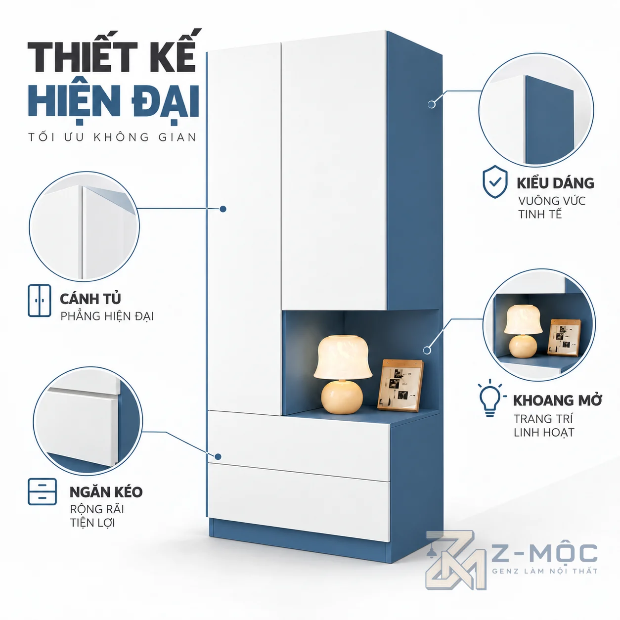 Thiết kế trắng xanh hiện đại, tiết kiệm diện tích