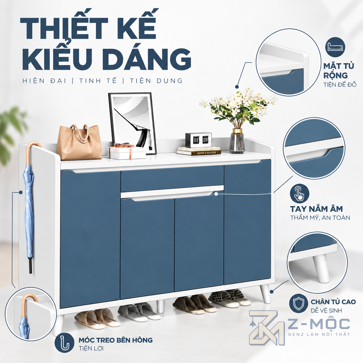 Thiết kế trắng xanh trẻ trung, hiện đại