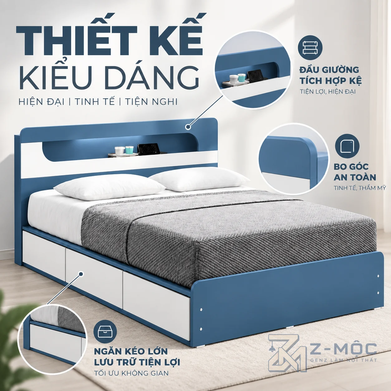 Thiết kế xanh navy – trắng hiện đại