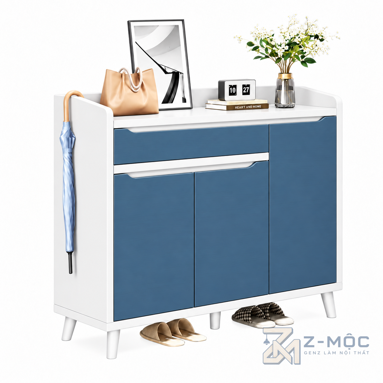 Tủ Giày Hiện Đại Có Chân Gỗ Màu Trắng Xanh ZM-95005 - 1000x350x1050mm - ZM-95005.2