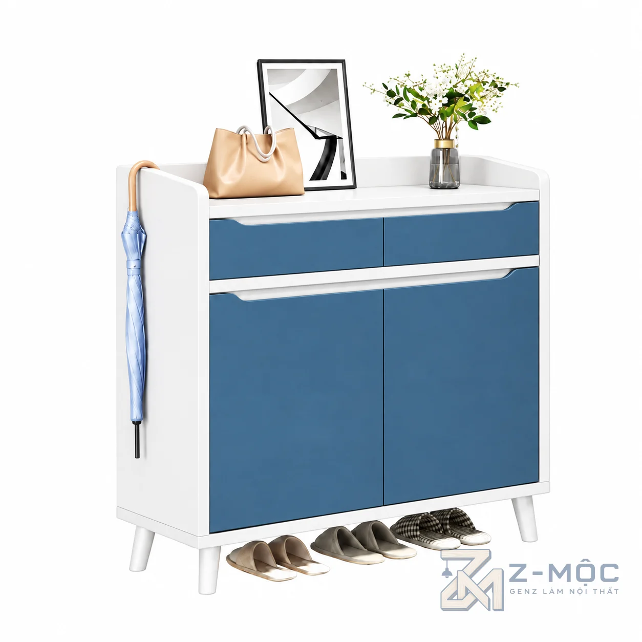 Tủ Giày Hiện Đại Có Chân Gỗ Màu Trắng Xanh ZM-95005 - 800x350x1050mm - ZM-95005.1
