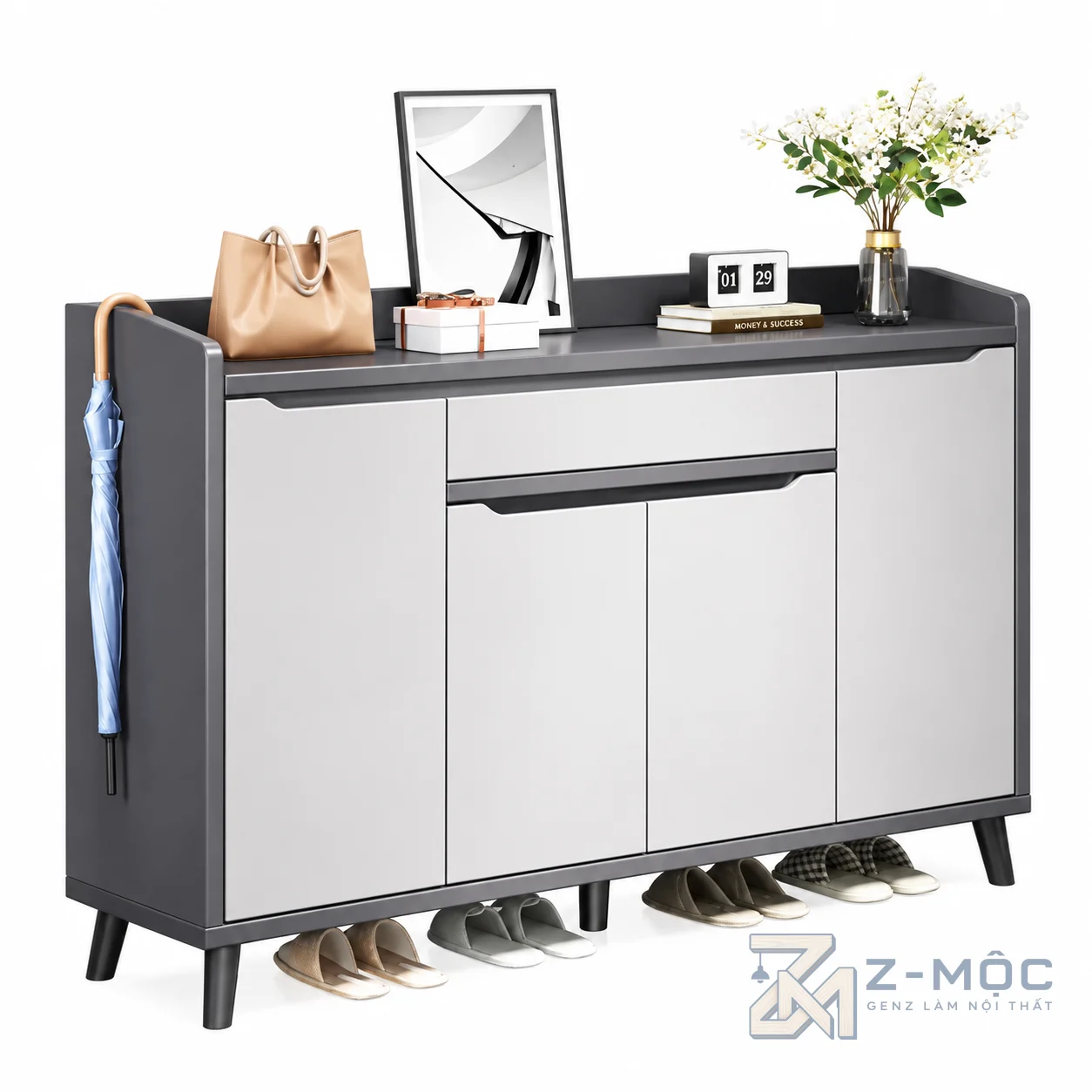 Tủ Giày Hiện Đại Có Chân Gỗ Màu Trắng Xanh ZM-95005 - ảnh chi tiết 1