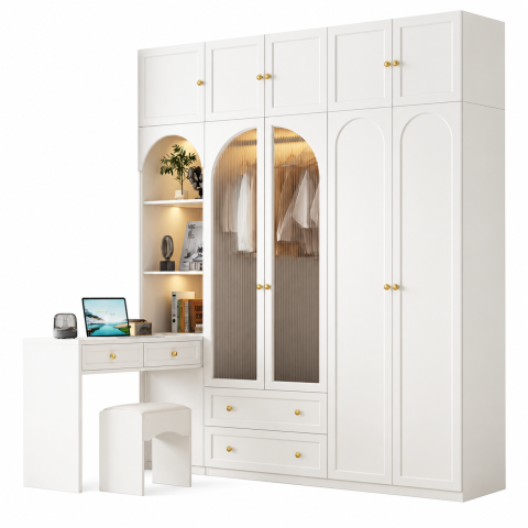 Tủ Quần Áo Trắng Cánh Kính Vòm Liền Bàn Làm Việc ZM-10056 - 1600x600x2400mm + Bàn 1000x550x750mm - ZM-10056.1