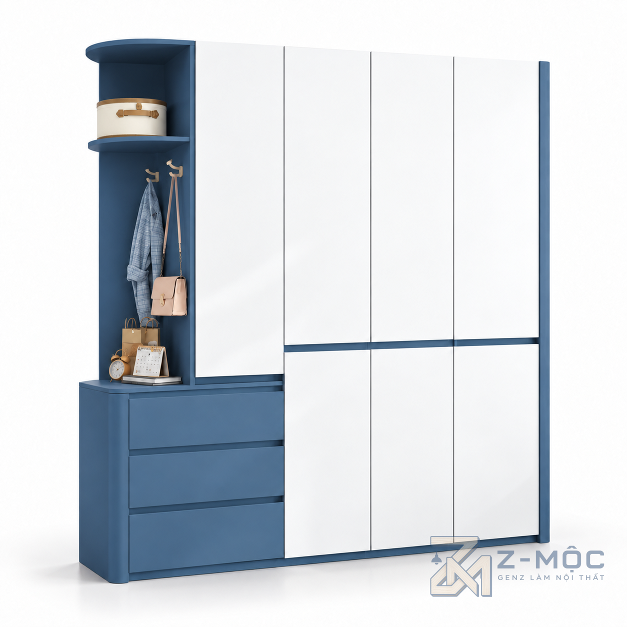 Tủ Quần Áo Xanh Trắng Kèm Kệ Treo Đồ Hiện Đại ZM-10048 - 2000x600x2400mm - ZM-10048.1