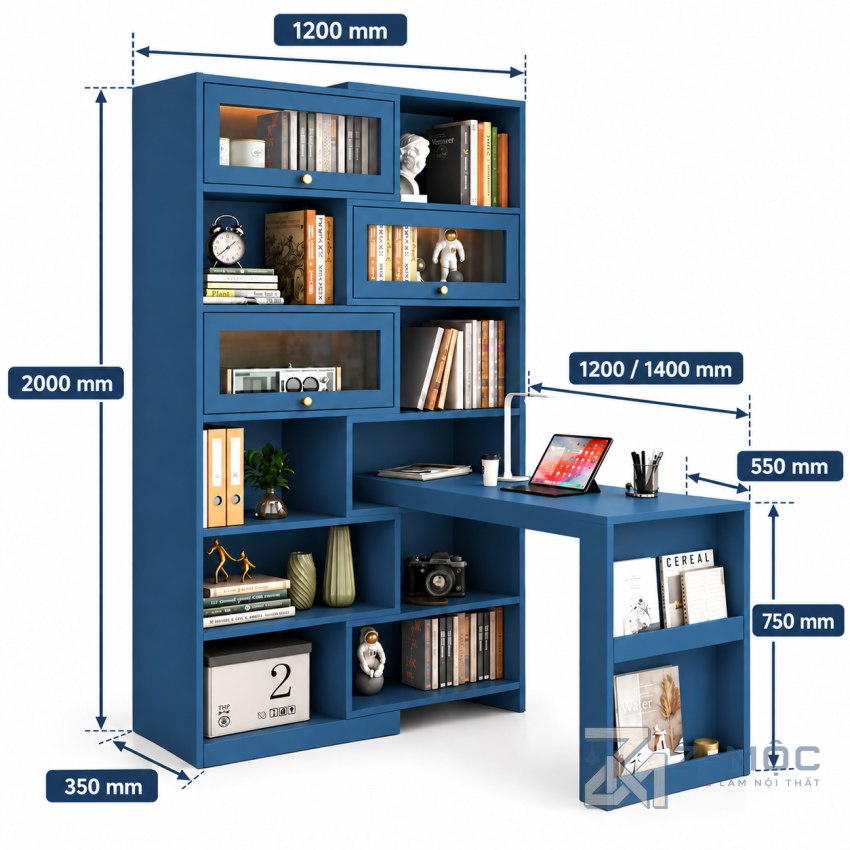 Kích thước chi tiết Bàn Học Chữ L Liền Kệ Sách Xanh Có Tủ Kính ZM-70099