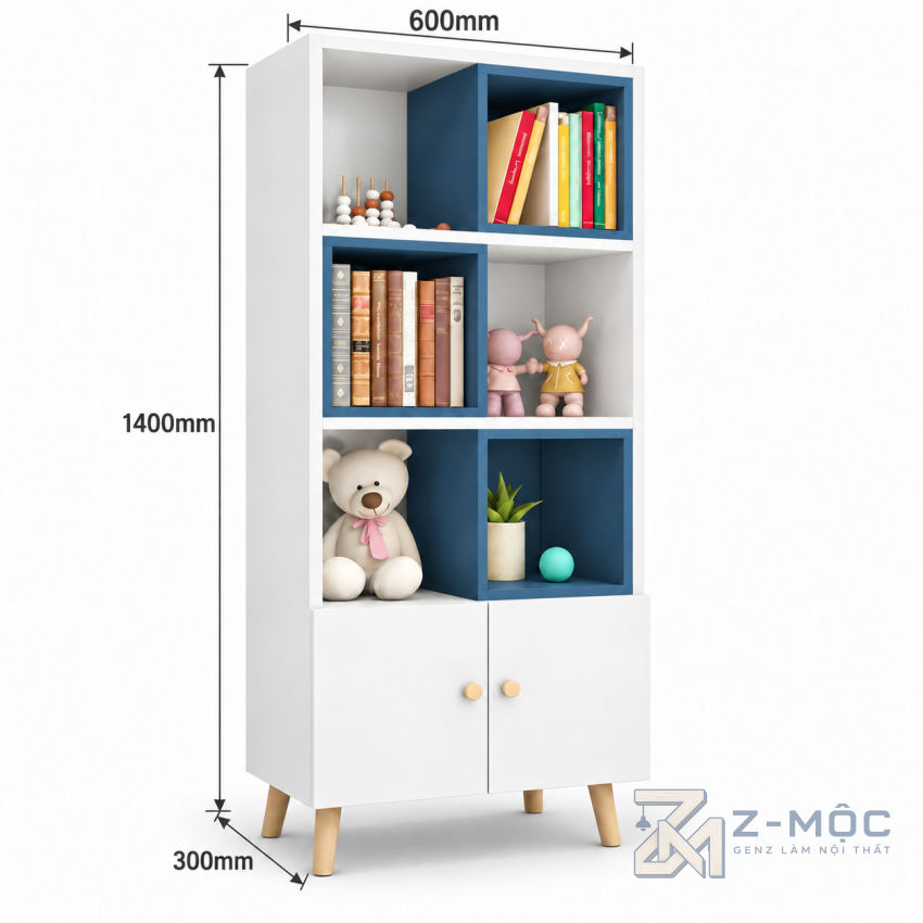 Kích thước chi tiết Giá Sách Gỗ Công Nghiệp Có Nhiều Ngăn Chứa ZM-71015