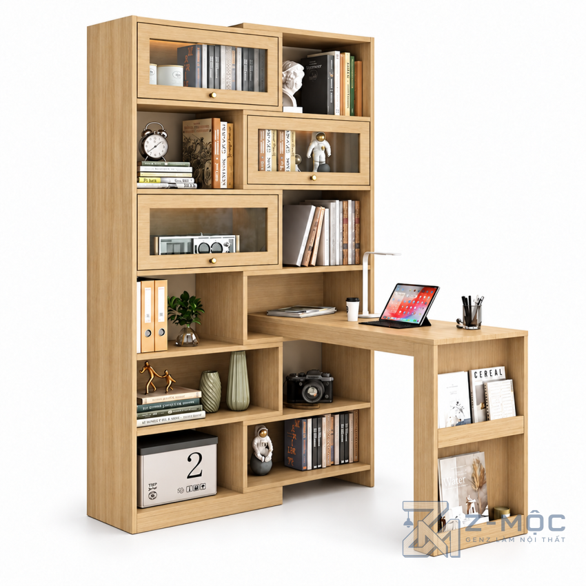 Bàn Học Chữ L Liền Kệ Sách Xanh Có Tủ Kính ZM-70099 - ảnh chi tiết 1