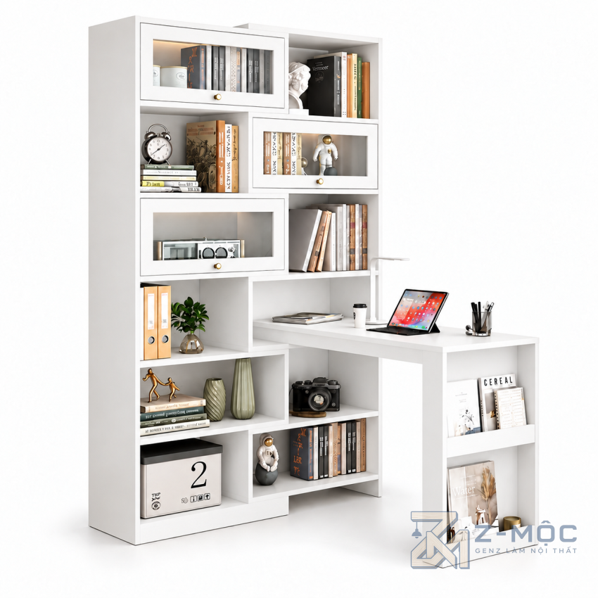 Bàn Học Chữ L Liền Kệ Sách Xanh Có Tủ Kính ZM-70099 - ảnh chi tiết 2