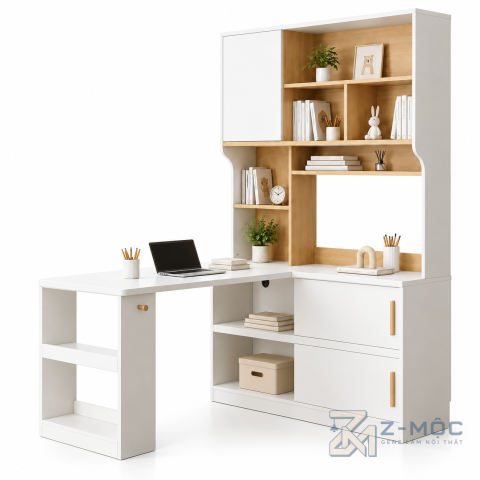 Bàn Học Chữ L Nhiều Ngăn Độc Đáo Màu Trắng Xanh ZM-70092 - ảnh chi tiết 1